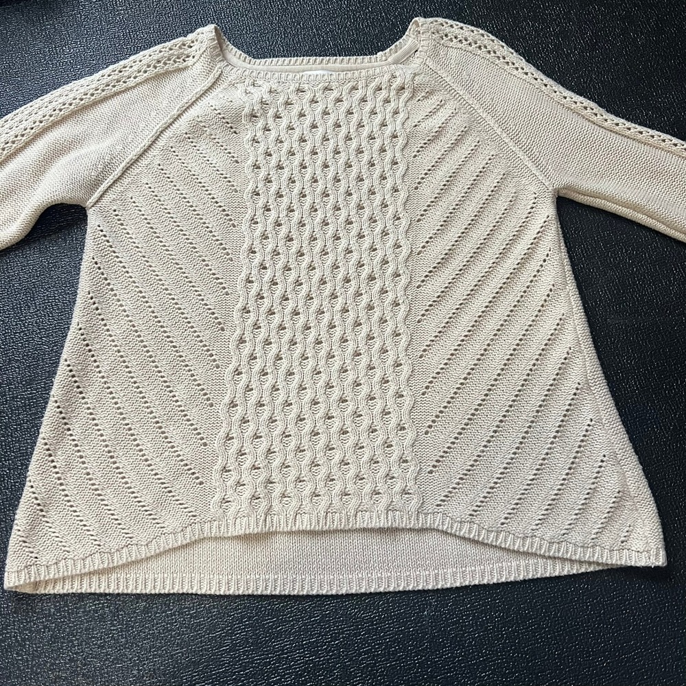 RD‎ Style Tan Knit Sweater Open Weave Sleeve Womens M Cotton Blend Beach Resort - Picture 5 of 7